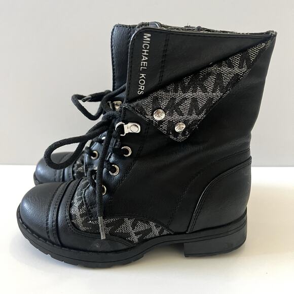 Michael Kors Black Silver MK Logo Zip Tie Combat Cuffed Boots Girl Toddler 11 - Picture 1 of 13